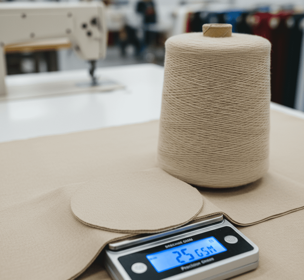 Detalhe de linha de costura e tecido de alta gramatura produzido sob demanda na fábrica